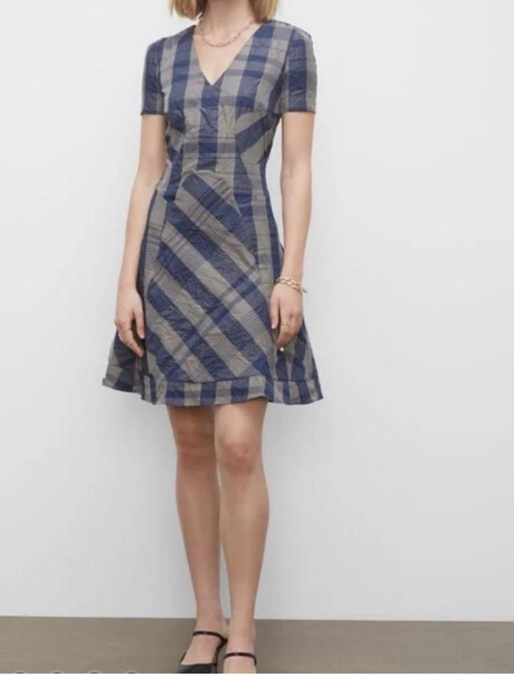 Club Monaco Women Blue Plaid Seamed V-Neck Dress Size 4 Retail $249